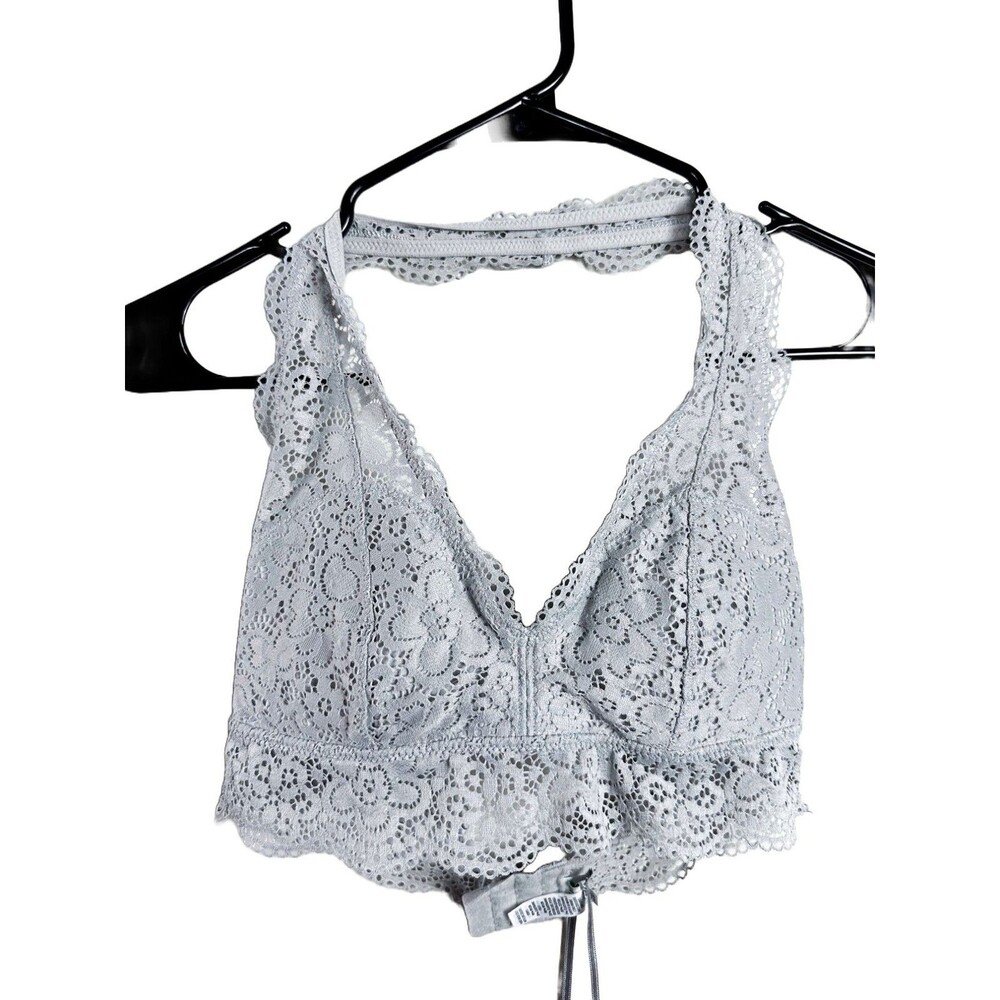 Aerie Long Line Lace V neck Halter Bralette Gray Womens Medium